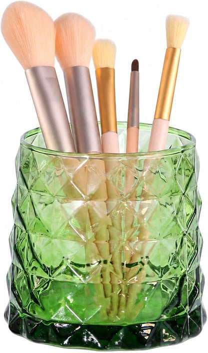 DASITON Glass Makeup Brush Holder Organizer, Diamond Pattern Cosmetic Storage Cup, Makeup Organizer for Vanity, Bathroom Countertop Toothbrush Holder, Desk Pen Pencil Holder (Green)
