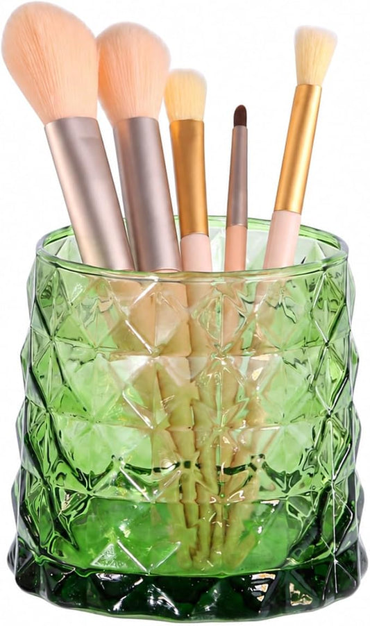 DASITON Glass Makeup Brush Holder Organizer, Diamond Pattern Cosmetic Storage Cup, Makeup Organizer for Vanity, Bathroom Countertop Toothbrush Holder, Desk Pen Pencil Holder (Green)