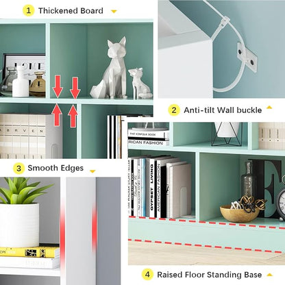 IOTXY Open Shelf Low Bookcase - Wooden 3-Tier Floor Standing Display Cabinet Organizer with Base, 5 Cubes Short Horizontal Bookshelf in Warm White