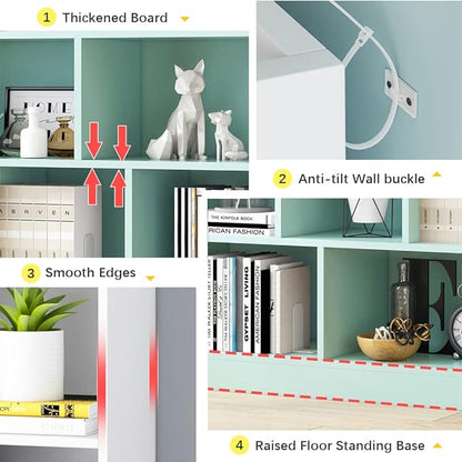 IOTXY Open Shelf Low Bookcase - Wooden 3-Tier Floor Standing Display Cabinet Organizer with Base, 10 Cubes Short Horizontal Bookshelf in Warm White