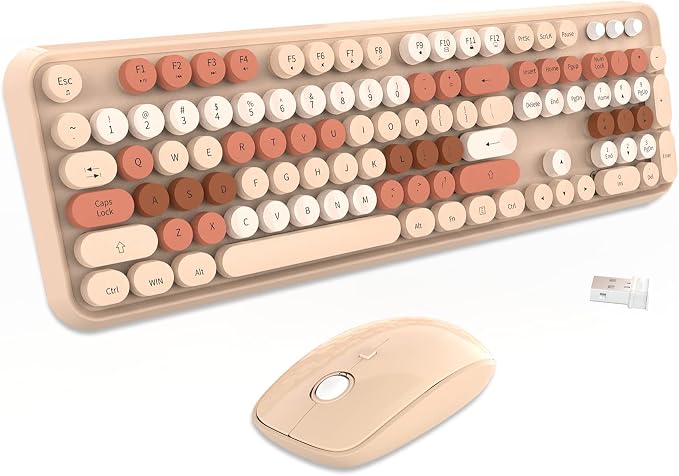 Wireless Keyboard and Mouse Combo Cute Colorful Keyboard and Mouse, Retro Typewriter Keyboard with 2.4GHz Plug & Play, for Windows 11/10/7, Laptop, PC (Milk Tea)