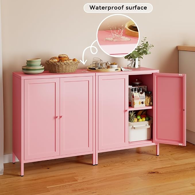 2 Door Metal Storage Cabinet-Small Bathroom Storage Cabinet with 1 Adjustable Shelf,Metal Freestanding Sideboard for Home Office, Living Room, Hallway, Entryway(Square Door, Pink)