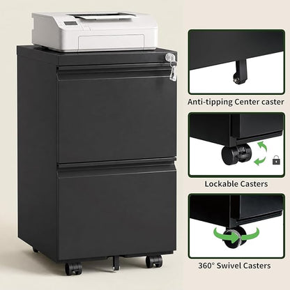 2 Drawer File Cabinet with Lock,Rolling Filing Cabinet with Wheels for Home Office,Under Desk Metal File Cabinet,Office Storage Organizer,Black