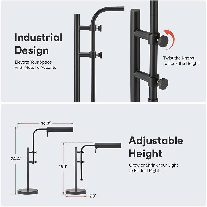 VONLUCE Rustic Desk Lamp, Adjustable Industrial Style Metal Table Lamp, 3 Color Temperatures LED Reading Lamp for Living Room Bedroom Office, Black