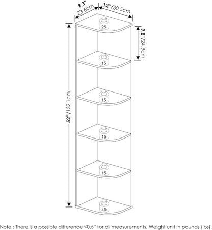 Furinno PASIR Book Shelf, 5-Tier Corner Bookshelf with Open Shelf, Standing Bookcase, 9.3 x 12 x 51.7, for Organization and Storage, for Living Room, Bedroom, Home Office, French Oak