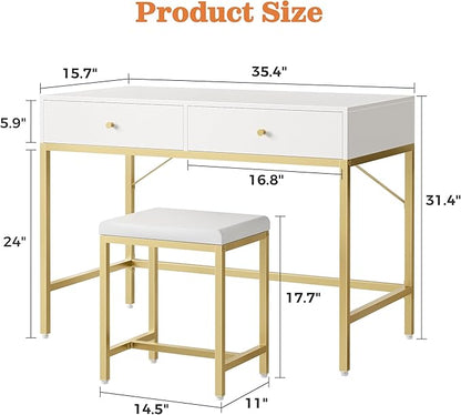 SUPERJARE 35.4" White and Gold Desk with 2 Drawers, Modern Makeup Vanity with Padded Stool, Small Computer Desk Home Office Desk for Writing Study Bedroom