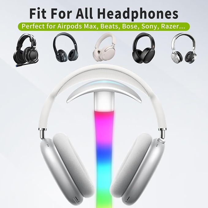 Headphone Stand with Charger,Gaming Headset stand with RGB Light Mode,For Airpod Max Stand,Desk Lamp,Phone Holder,Tablet Holder,desktop organizer,Gifts for Gamers & Music Lover (White)