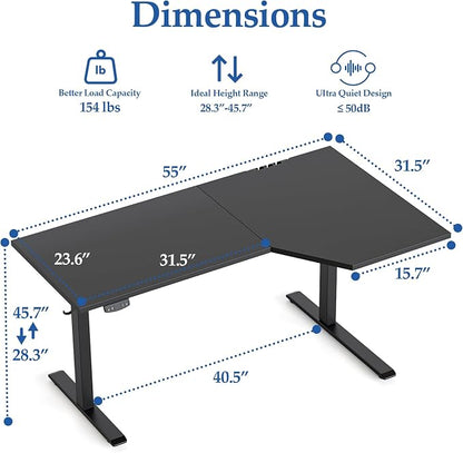Klicelor L Shaped Standing Desk 55 x 31.5 Inch, Electric Height Adjustable Corner Desk for Home Office Workstation, Ergonomic Sit Stand Computer Table with Memory Controller, Black