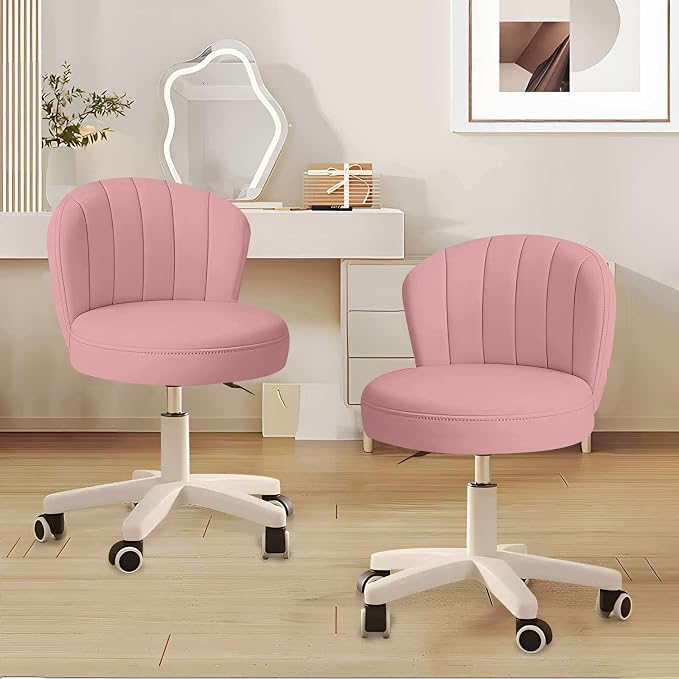 Small Desk Chair Round Rolling Chair with Back PU Leather Height Adjustable Swivel Vanity Work Computer Stool Chair for Home Office Bedroom, Set of 2