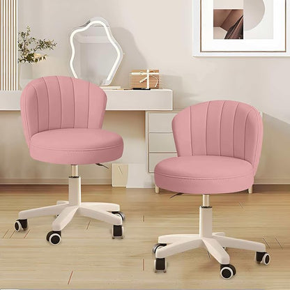 Small Desk Chair Round Rolling Chair with Back PU Leather Height Adjustable Swivel Vanity Work Computer Stool Chair for Home Office Bedroom, Set of 2