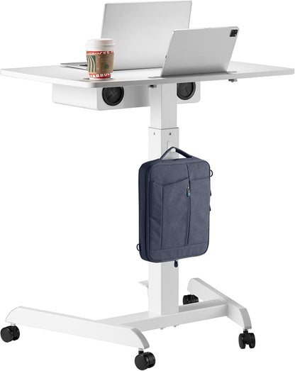 AVLT 44" Height Adjustable Foot Pedal Rolling Desk with Shelf White | 3 ft 8 inches - Pneumatic Laptop Standing Desk Cart - Mobile Laptop Cart Computer Projector Cart with Brake Casters