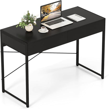 GOFLAME 44 Inch Computer Desk with 2 Drawers, Home Office Desk with Metal Frame, Small Study Writing Workstation with Storage, PC Laptop Table for Living Room, Bedroom, Study, Black