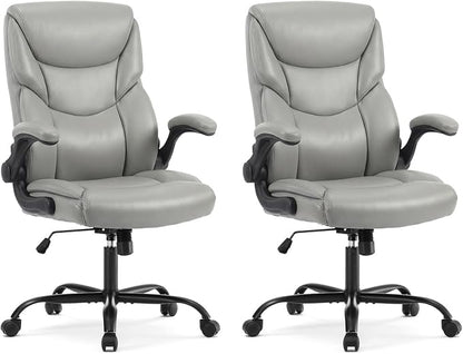 DUMOS Office Chair Set of 2 - Ergonomic Executive Computer Desk Chairs with Adjustable Flip-up Armrest, Swivel Task Chair with Lumbar Support, Strong Metal Base, PU Leather, Grey