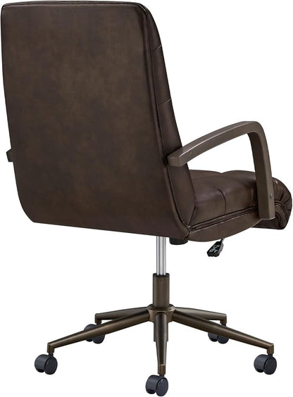 KISLOT Home Office Desk Chair, Ergonomic Office Chair with Square-Patterned Leather Upholstery, Adjustable Swivel Computer Chair with Wood Arms & Wheels, Soft-Rounded Front Edge, Espresso, Set of 2