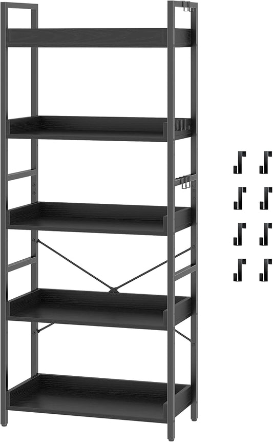 HCHQHS 5 Tier Bookshelf, Adjustable Industrial Bookcase, Vertical Tall Book Shelf, Wood and Black Metal Open Bookshelves for Home Office, Living Room, Bedroom