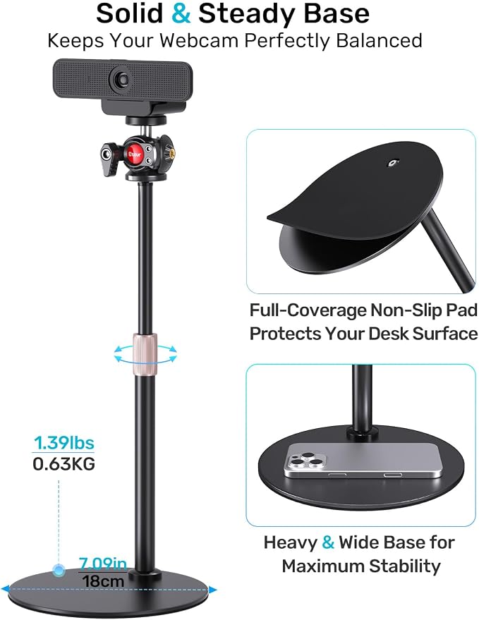 Webcam Stand for Desk, with 360 Ballhead, Heavy Base Height Adjustable Tripod for Logitech Webcam C922 C930e C920 C615 C960 C920x BRIO 4K NexiGo N60, Phone Mount, Gopro with 1/4" Thread