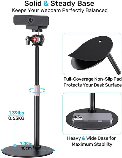 Webcam Stand for Desk, with 360 Ballhead, Heavy Base Height Adjustable Tripod for Logitech Webcam C922 C930e C920 C615 C960 C920x BRIO 4K NexiGo N60, Phone Mount, Gopro with 1/4" Thread