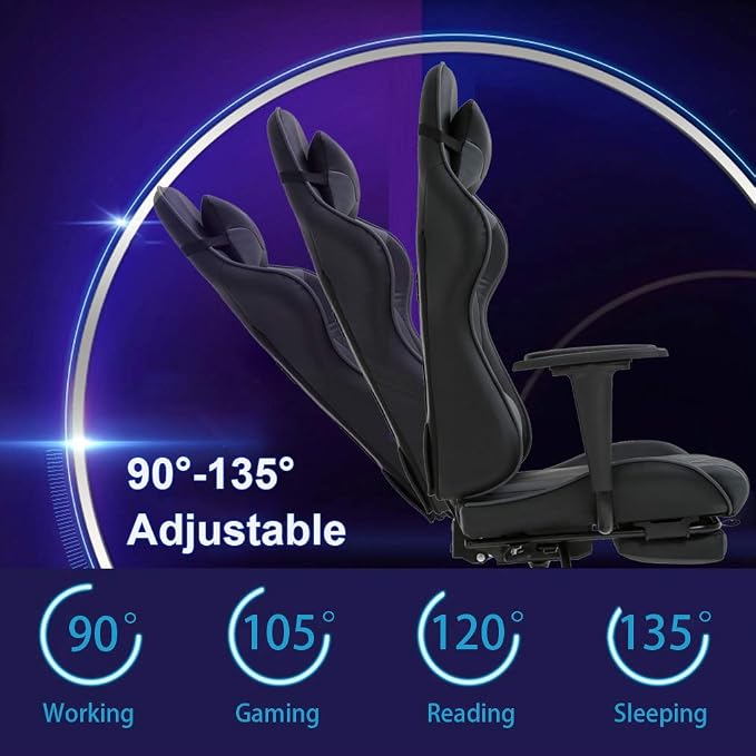 BestOffice | Ergonomic Gaming Chair | Grey | Reclining Computer Chair with Lumbar Support, Headrest Pillow, Adjustable Footrests | 360 Swivel with Heavy Duty Wheels | for Home & Office