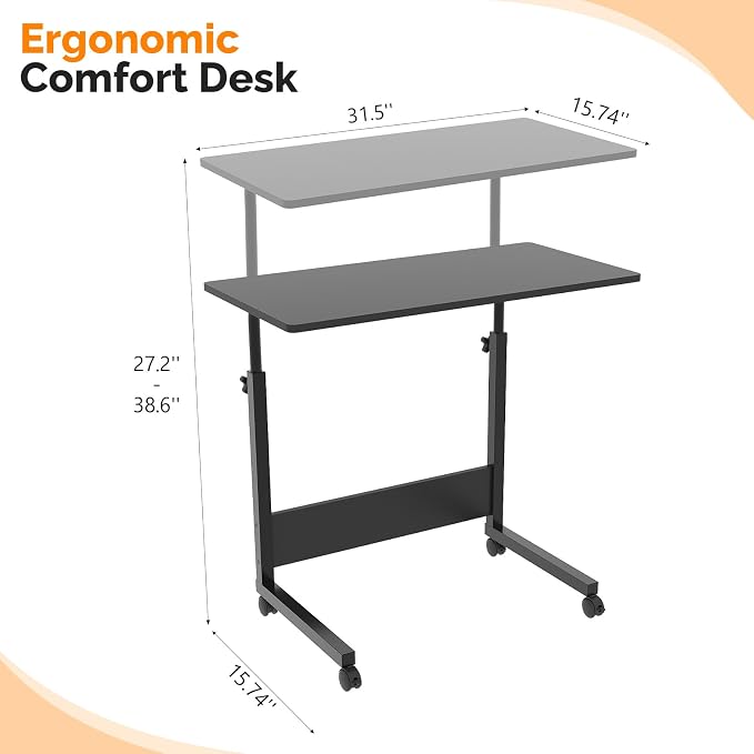 VINGLI Portable Computer Workstation, Standing Desk Adjustable Height, Small Computer Desk w/Rolling, Sit Stand Laptop Desk TV Tray for Bed Sofa Hospital Reading Eating, Black, 31.5"