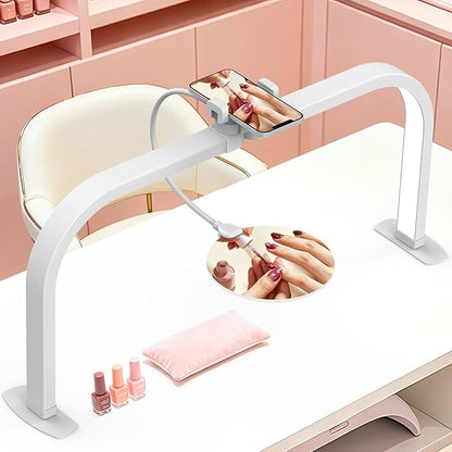 Half Moon Nail Desk Lamp with 5X Magnifier & Phone Holder, LED Arch Tech Light 30" Foldable for Manicure Eyelash Extensions Salon Craft Fingernail Art, 2700LM Multiple Brightness 3000-6000K