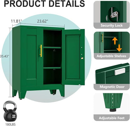 pozdeg 35.43" Lockable Metal Storage Cabinet, Steel Locker File Cabinet with 2 Doors ＆ 2 Adjustable Shelves, Multi-Purpose Organizer for Home, Office File Storage & Garage Locker (Green)