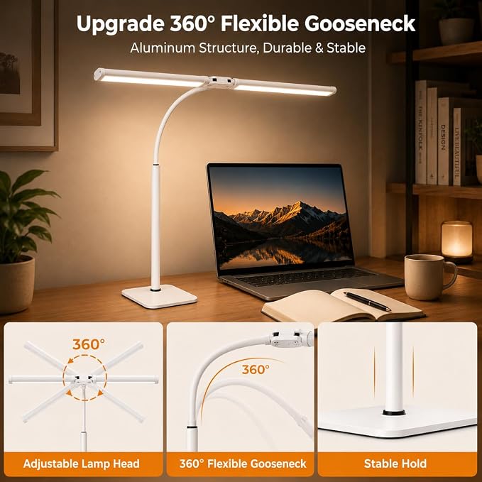24" Double Head LED Desk Lamp, 15W Wide Architect Desk Light with Base for Home Office, Smart Memory, 360° Flexible Gooseneck Task Lamp, 3 Colors 10 Brightness Tall Monitor Light,White