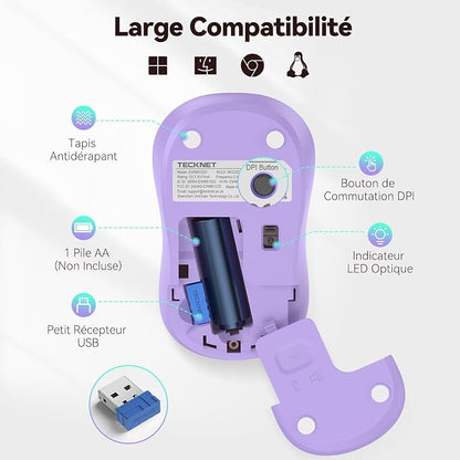 TECKNET Wireless Mouse for Laptop, 2.4G Silent Computer Mouse Quiet Click with 5 DPI Levels,Contoured Grip,Small Portable 30 Months Battery Cordless Mice for PC, Chromebook, Mac - Purple Green