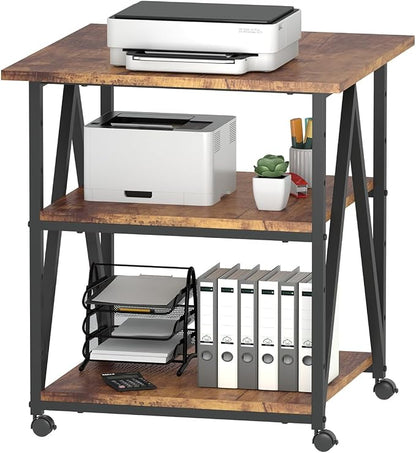 Arbuxzuy 3-Tier Printer Stand, Large Printer Table with Storage, Industrial Printer Storage Cart with Wheels, Rolling Printer Stand for Heat Press Scanner Fax, Brown