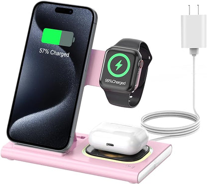 3 in 1 Charging Station for iPhone 17 - Wireless Charger for Apple Devices for iPhone 17 16 15 14 13 12 11 Pro Max - Foldable Wireless Charging Station Dock Stand for Apple Watch Series & AirPods