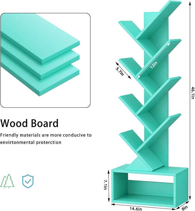 SHEEPAM 9 Tier Tree Bookshelf,Christmas Green Bookcase for Narrow Space, Storage Organizer Floor Standing Bookshelves for Books, Tall Book Case for Home Office, Living Room, Bedroom