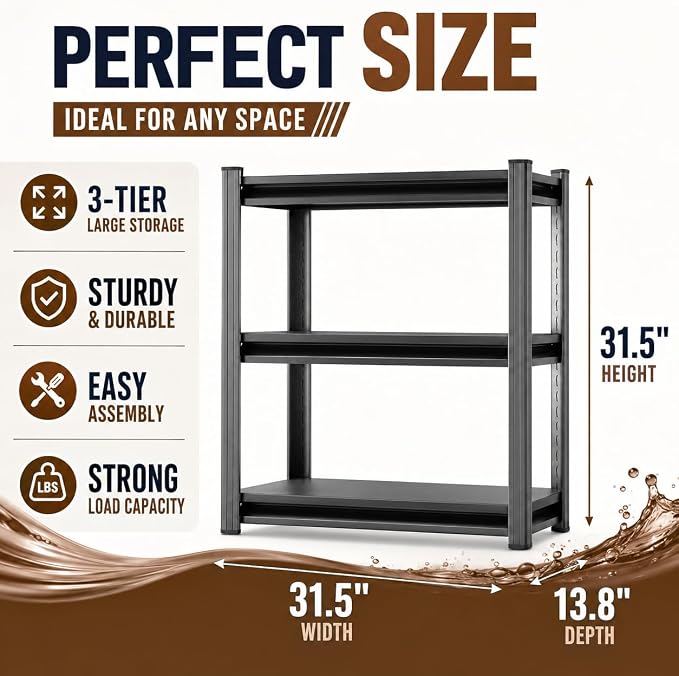 3 Tier Metal Bookshelf, Adjustable Tall Bookcase, Heavy Duty 1800 LBS Modern Deep Book Shelf, Bolt-Free Storage Shelves for Living Room, Home Office, Garage, 31.5" Wx 13.8" Dx 31.5" H