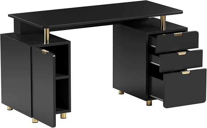 Elegant 57" W Executive Desk with 3 Drawers and Storage Cabinet, Modern Office Desk with Gold Accents, Floating Work Surface, Closed Storage with Ventilation & Adjustable Shelf (Black,Gold)