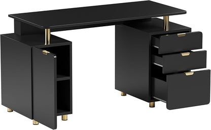 Elegant 57" W Executive Desk with 3 Drawers and Storage Cabinet, Modern Office Desk with Gold Accents, Floating Work Surface, Closed Storage with Ventilation & Adjustable Shelf (Black,Gold)