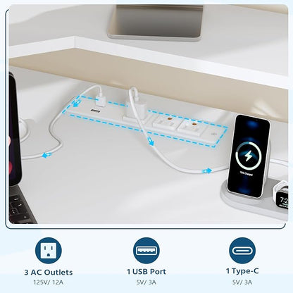 YOMILUVE Small Corner Desk with Drawers, Corner Gaming Desk with Power Outlets & Printer Shelf for Small Space, Triangle Computer Desk with LED Lights, Keyboard Tray and Monitor Stand, White