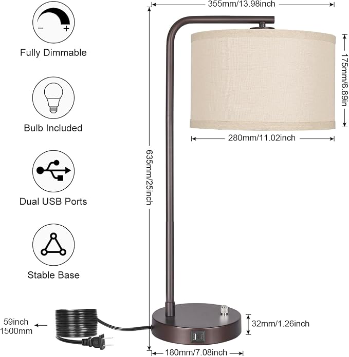 Table Lamps Set of 2, Fully Dimmable Bedside Lamp with USB C+A Charging Ports, Modern Nightstand Lamps with Linen Fabric Shades, Tall Desk Lamp for Bedroom, Living Room, Office, LED Bulb Included