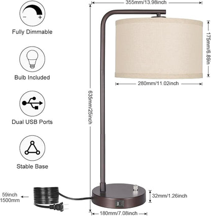 Table Lamps Set of 2, Fully Dimmable Bedside Lamp with USB C+A Charging Ports, Modern Nightstand Lamps with Linen Fabric Shades, Tall Desk Lamp for Bedroom, Living Room, Office, LED Bulb Included