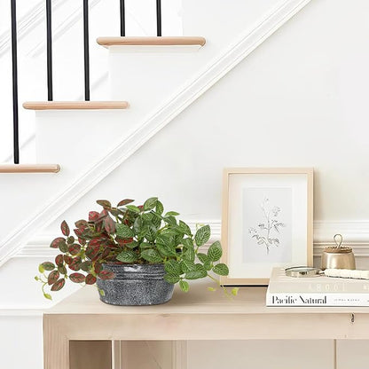 Artificial Plants Indoor 5.9" Faux Plant in Metal Pot, Small Fake Potted Plants with 2 Mixed Leaves Greenery Silk Plant for Living Room Desk Office Table Kitchen Farmhouse Shelf Home Vintage Decor