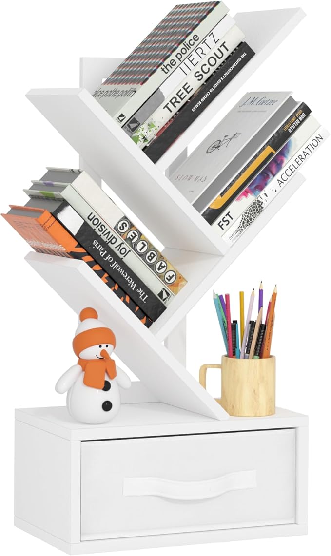 SHEEPAM Small Bookshelf with Drawer,4 Tier Tree Book Shelf,Wood Desk Bookshelves,Modern Free Standing Desktop Display Shelves,White Floor Standing Organizer Bookcase for Living Room,Bedroom,Office
