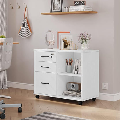 Panana 3 Drawer Office File Cabinets, Mobile Lateral Printer Stand with Open Storage Shelf, Rolling Filing Cabinet with Wheels Home Office Organization and Storage (White)