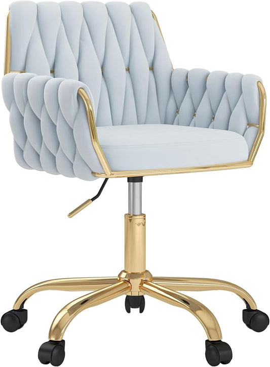 Velvet Modern Home Office Vanity Chair, 360° Swivel Adjustable Height Makeup Desk Chair with Golden Base and Hand Woven Backrest for Bedroom/Study/Vanity (Baby Blue)