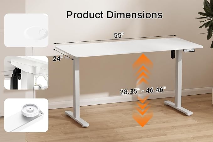 Standing Desk Electric Height Adjustable Desk 55 x 23.6 Inches Sit Stand up Desk, Computer Home Office Desk Memory Preset with Two-Piece Desktop (White, 55 * 24 Inch)
