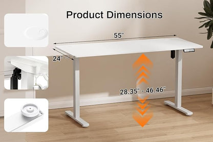 Standing Desk Electric Height Adjustable Desk 55 x 23.6 Inches Sit Stand up Desk, Computer Home Office Desk Memory Preset with Two-Piece Desktop (White, 55 * 24 Inch)