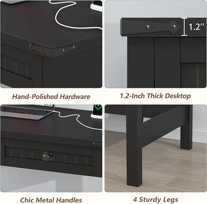 YOMILUVE Farmhouse Computer Desk with 2 Drawers, 39 Inch Small Black Computer Desk with Power Outlets, Home Office Desk Compact Writing Study Table for Small Spaces