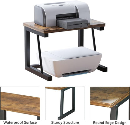 Desktop Printer Stand, 2-Tier Wood Rustic Printer Shelf for 3D & Laser Printer, Scanner, Copier, Durable Small Space Storage Organizer for Home Office Kitchen (2-Tier, Brown)