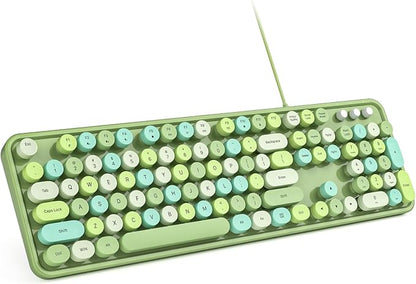 MOWUX Computer Keyboard Wired, Plug and Play USB Retro Round Typewriter Keyboard, Full Size Wired Keyboard with Foldable Stands for Laptop and Office PC- Green Colorful