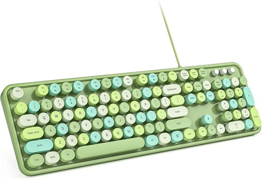 MOWUX Computer Keyboard Wired, Plug and Play USB Retro Round Typewriter Keyboard, Full Size Wired Keyboard with Foldable Stands for Laptop and Office PC- Green Colorful