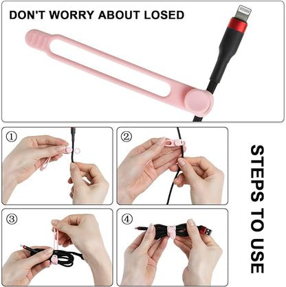 16Pcs Silicone Cable Ties Cord Organizer for Bundling Earphone, Phone Charger, Computer Cords, Reusable Wire Cable Management in Home,Office,Kitchen,School,Travel (Pink)