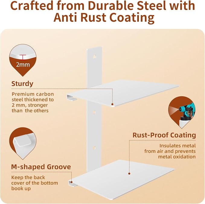 Professional Invisible Floating Book Shelves for Wall, 8 Tier Vertical Spine Book Tower Hanging Bookshelves, Wall Mounted & Space Saving, Heavy Duty Metal Book Organizer for Home Office, 4 Pack White