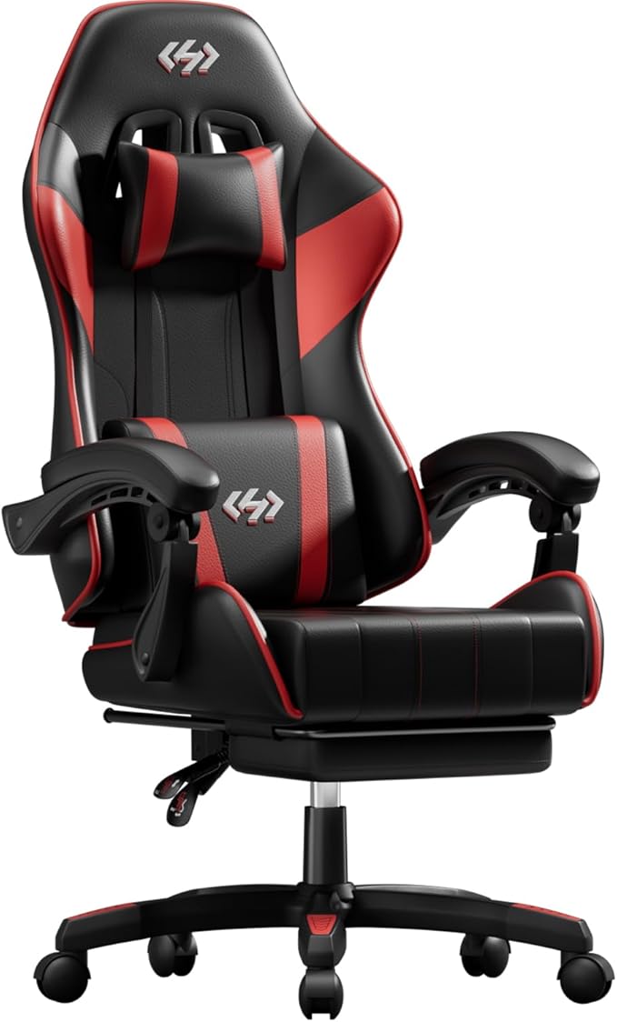 HLDIRECT Gaming Chair, Ergonomic Computer Office Chair with Lumbar Support Footrest Headrest, Adjustable Height & Backrest Angle Video Gamer Chair, PU Leather, 360° Swivel, Adult (Black&Red)
