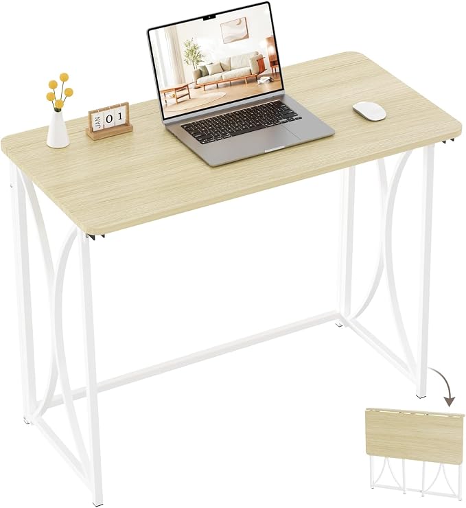 Folding Desk, 31.5" Small Desk for Bedroom, Space Saving Foldable Computer Desk for Home Office, Easy Assembly, Beige